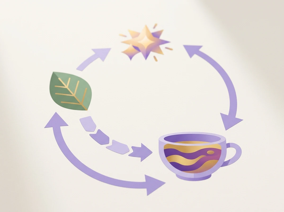 Abstrakte Illustration eines Energie- und Stoffwechselkreislaufs mit Kaffeetasse, Blatt und Funkensymbol